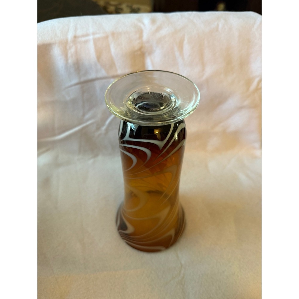 Amber Glass Vase with White Swirls Art Glass Bud Vase Home Decor - Picture 4 of 5